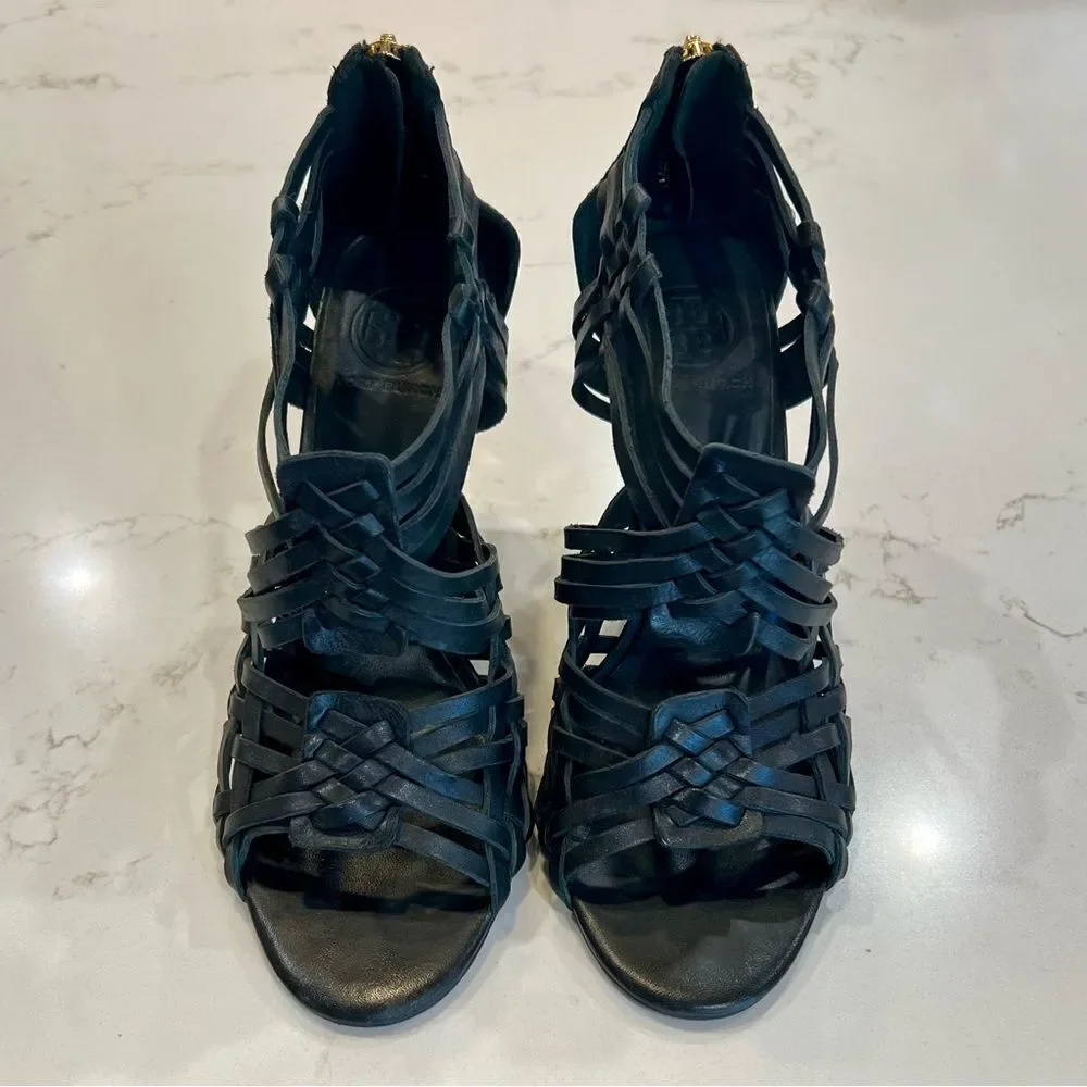Tory Burch Black Leather Tevray Huarache Wedge Sandals